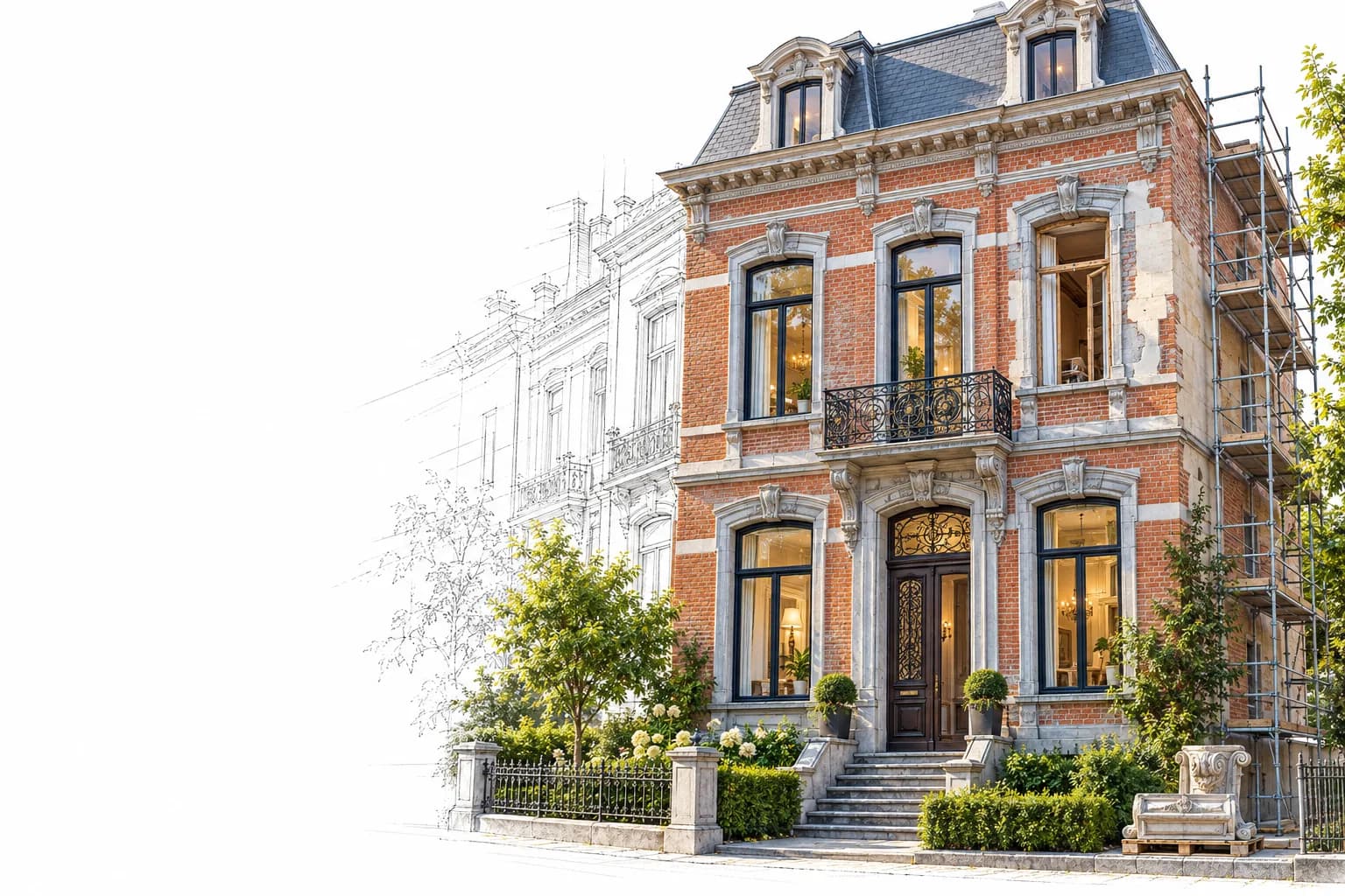 Façade de maison de maître bruxelloise en brique rouge sous échafaudage, illustration d'un chantier de rénovation